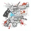 Create a unique design featuring a collage of pistols and symbols related to gangster culture, with a touch of South Davis Hustler 9th influence tattoo design idea