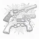 Create a unique design featuring a collage of pistols and symbols related to gangster culture, with a touch of South Davis Hustler 9th influence tattoo design idea