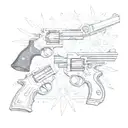 Create a unique design featuring a collage of pistols and symbols related to gangster culture, with a touch of South Davis Hustler 9th influence tattoo design idea