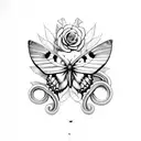a butterfly which has snake head wings with a rose going through the middle of the butterfly which has poison ivy leaves tattoo design idea