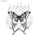 a butterfly which has snake head wings with a rose going through the middle of the butterfly which has poison ivy leaves tattoo design idea