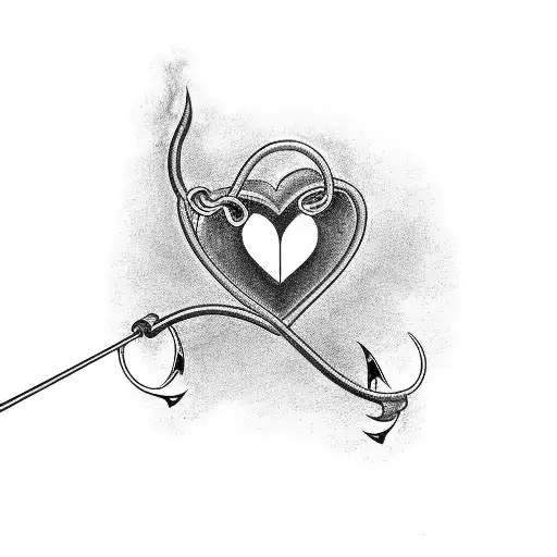 A minimalist black and grey tattoo of a fishing rod and reel intertwined with a heart, symbolizing the client's dedication to both fishing and family tattoo design idea
