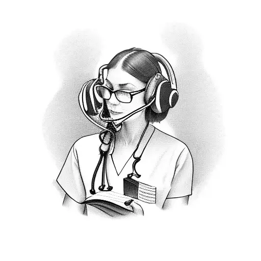 A veterinary nurse wearing headphones while reading a book and sipping coffee tattoo design idea