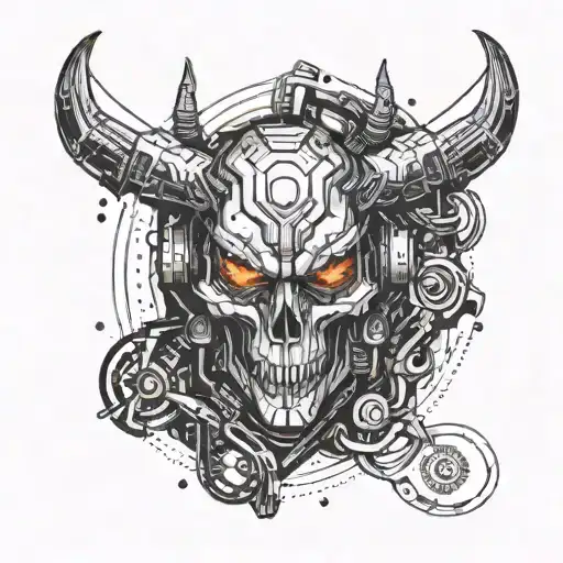 A futuristic cyberpunk version of a bow with devil horns featuring neon lights and technological elements tattoo design idea