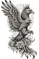 a shoulder/half arm tattoo that has a pheonix coming out of a sun. the pheonix should look similar to an owl  tattoo design idea