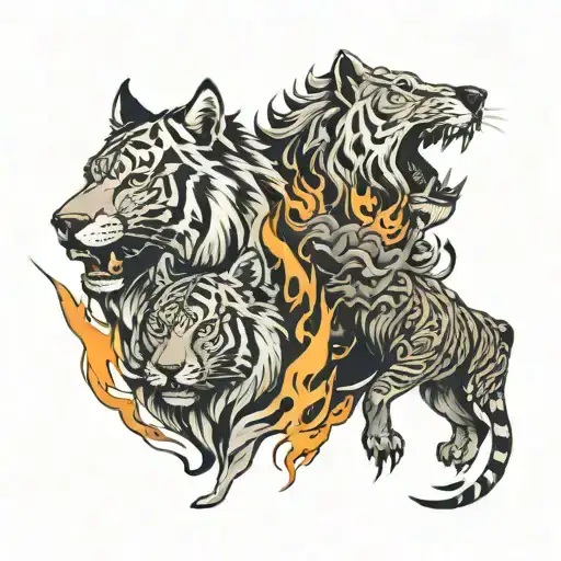 wolf, lion and tiger on fire tattoo design idea