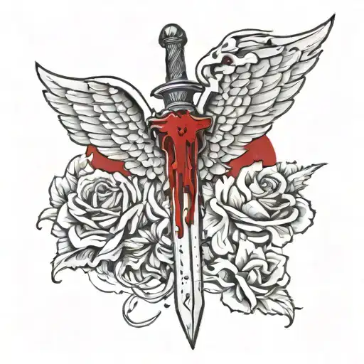 dagger with angel wings and blood dripping tattoo design idea