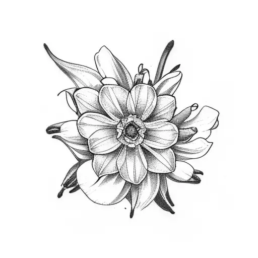 bouquet with marigold, lily of the valley, daffodil, and 2 narcissus tattoo design idea