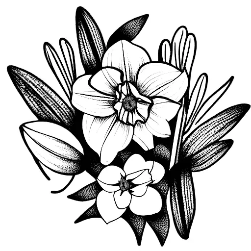 bouquet with marigold, lily of the valley, daffodil, and 2 narcissus tattoo design idea