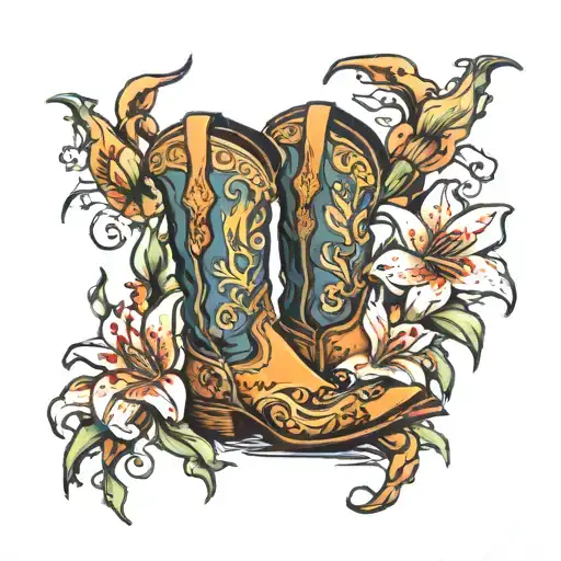 cowboy boot with dragon lilly flowers tattoo design idea
