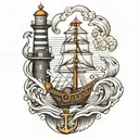 chief petty officer anchor, ship, ocean waves amd a lighthouse tattoo design idea