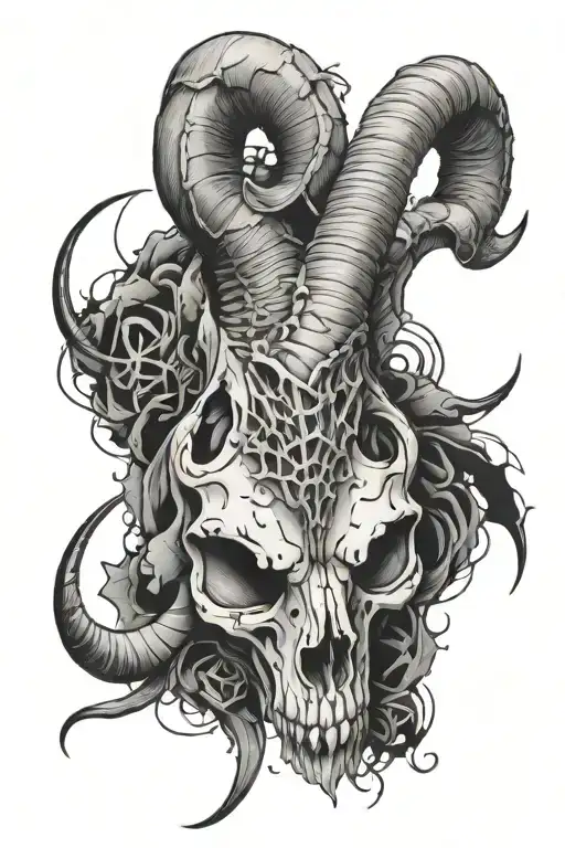 ram skull with horns, spiderwebs, splatter, black and grey tattoo design idea