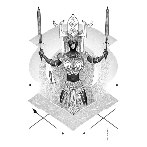 African warrior goddess mirror in one hand and sword in another tattoo design idea