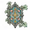 in the shape of a shield: gothic floral  stained glass window surrounded with gargoyles sitting on pillars tattoo design idea