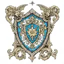 in the shape of a shield: gothic floral  stained glass window surrounded with gargoyles sitting on pillars tattoo design idea