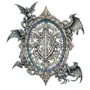 in the shape of a shield: gothic floral  stained glass window surrounded with gargoyles sitting on pillars tattoo design idea