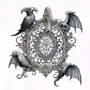 in the shape of a shield: gothic floral  stained glass window surrounded with gargoyles sitting on pillars tattoo design idea