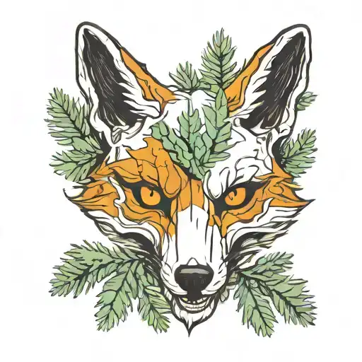 fox skull surrounded by pine trees tattoo design idea