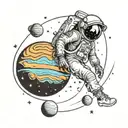 A psychedelic solar system, with the planet Jupiter and an astronaut drifting into a black hole  tattoo design idea