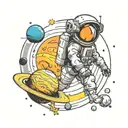 A psychedelic solar system, with the planet Jupiter and an astronaut drifting into a black hole  tattoo design idea