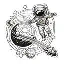 A psychedelic solar system, with the planet Jupiter and an astronaut drifting into a black hole  tattoo design idea