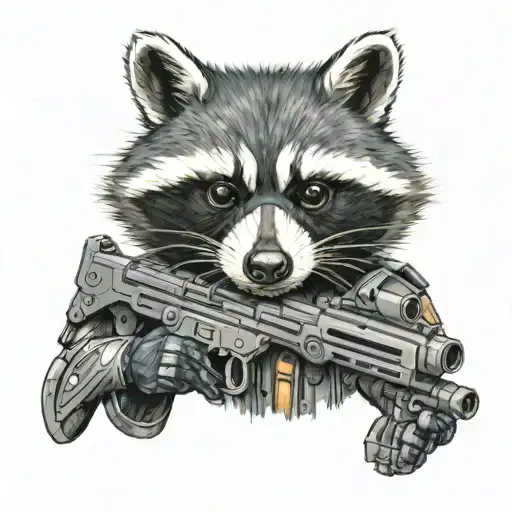 cyborg raccoon with a futuristic rifle slung over his left shoulder tattoo design idea
