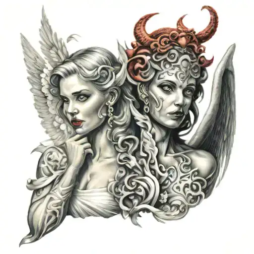 angel and demon women tattoo design idea