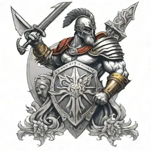 ares god of war, dog, sword and shield   tattoo design idea