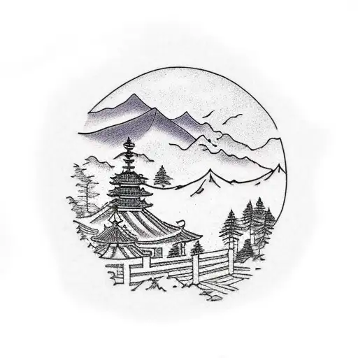 A traditional Korean landscape with a cartoon kimchi jar as the focal point tattoo design idea