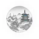 A traditional Korean landscape with a cartoon kimchi jar as the focal point tattoo design idea