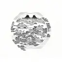 A traditional Korean landscape with a cartoon kimchi jar as the focal point tattoo design idea