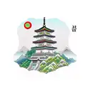 A traditional Korean landscape with a cartoon kimchi jar as the focal point tattoo design idea