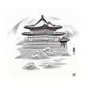 A traditional Korean landscape with a cartoon kimchi jar as the focal point tattoo design idea