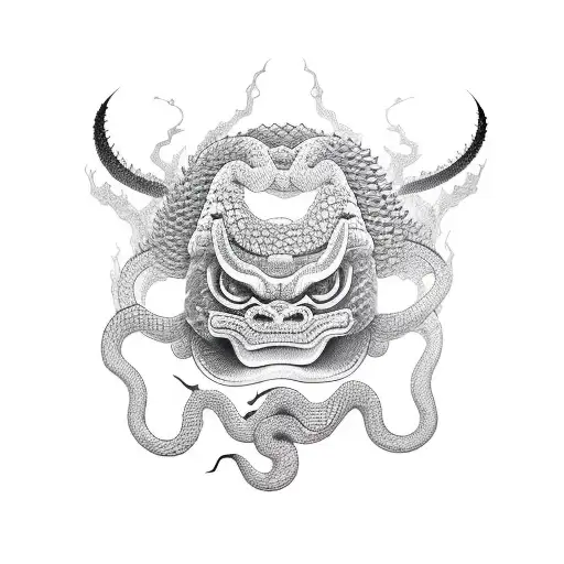 Oni Mask hugged by snake and katana  tattoo design idea