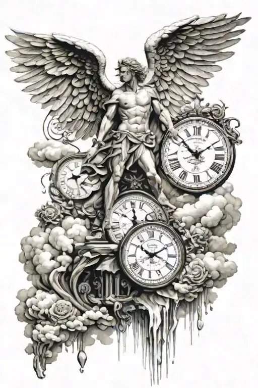 archangel Michael surrounded by clouds and other angels, with a clock reflected in a waterfall with droplets beneath him tattoo design idea