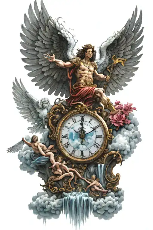 archangel Michael surrounded by clouds and other angels, with a clock reflected in a waterfall with droplets beneath him tattoo design idea