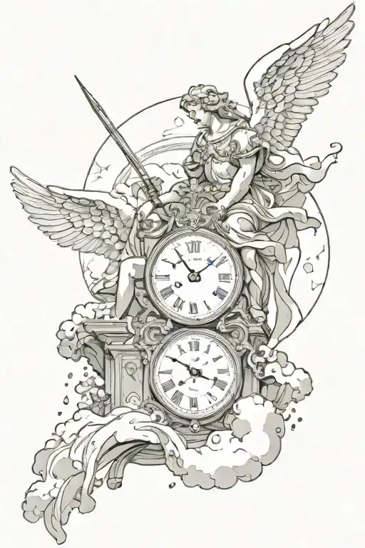 archangel Michael surrounded by clouds and other angels, with a clock reflected in a waterfall with droplets beneath him tattoo design idea