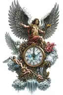 archangel Michael surrounded by clouds and other angels, with a clock reflected in a waterfall with droplets beneath him tattoo design idea
