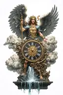 archangel Michael surrounded by clouds and other angels, with a clock reflected in a waterfall with droplets beneath him tattoo design idea