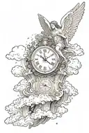 archangel Michael surrounded by clouds and other angels, with a clock reflected in a waterfall with droplets beneath him tattoo design idea