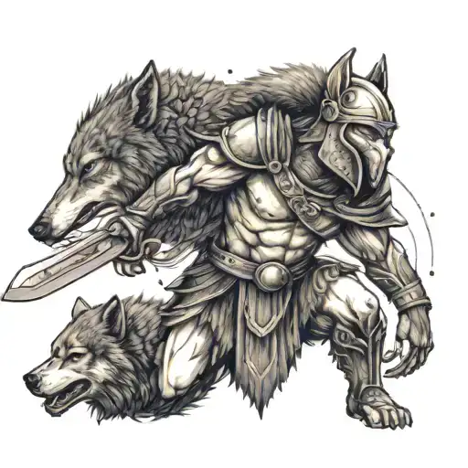 A Spartan warrior holding a gun and a sword in each hand, with a pack of wolves running alongside tattoo design idea