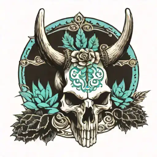 long horn skull with native turquoise jewelry with cactus and westerl floral print around it tattoo design idea