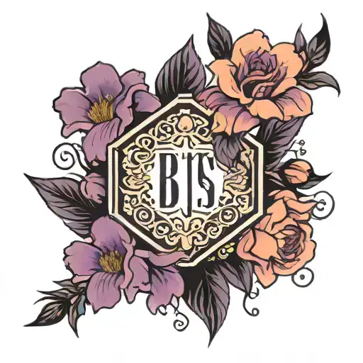 BTS door logo surrounded by purple flowers. tattoo design idea