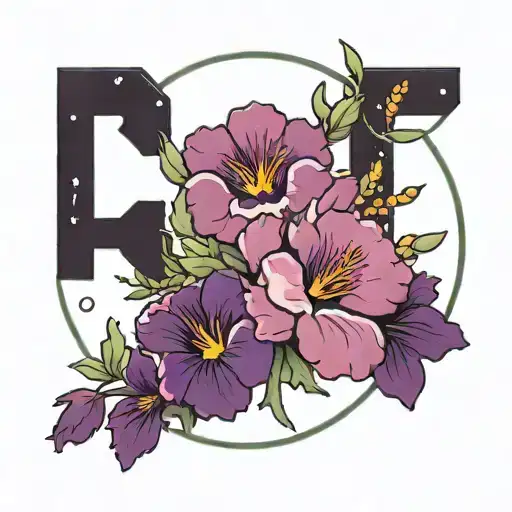 Kpop group BTS logo surrounded by purple flowers. tattoo design idea