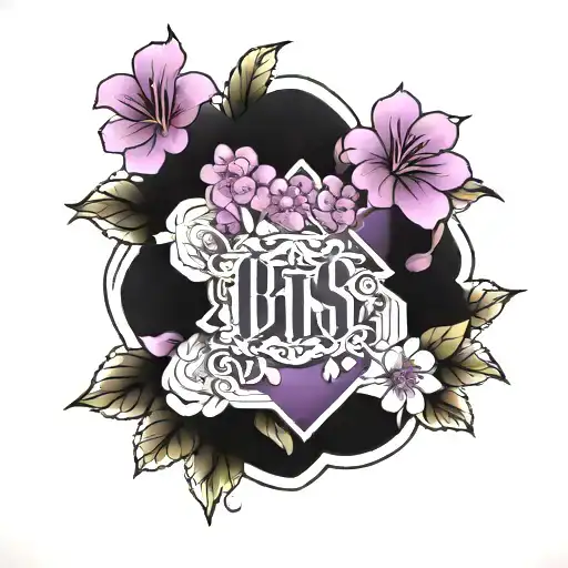 BTS door logo surrounded by purple flowers. tattoo design idea