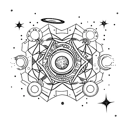A cosmic nebula with a hidden hero's journey narrative within it tattoo design idea