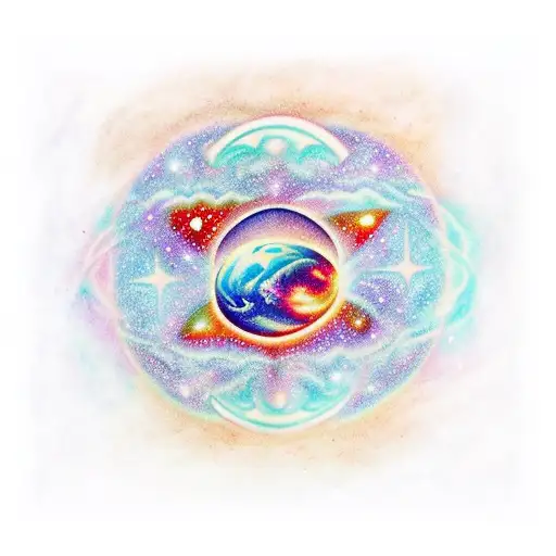 A cosmic nebula with a hidden hero's journey narrative within it tattoo design idea