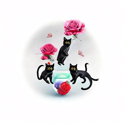 three black cats with snapdragon and rose tattoo design idea