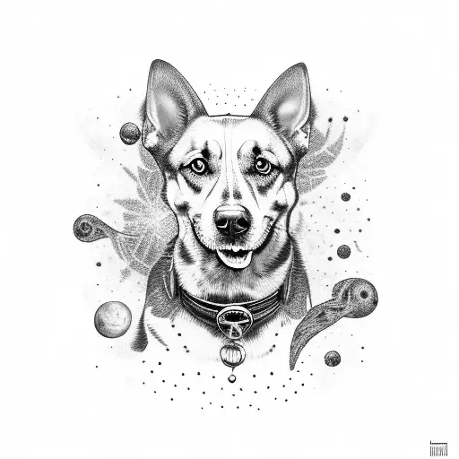 A detailed portrait of the client's three dogs with a galaxy background and moonflower accents tattoo design idea