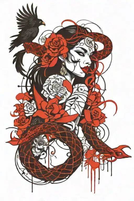 snakes, ravens, goddess kali, geometry, full sleeve tattoo design idea